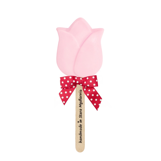 Zdjęcie mydła glicerynowego Pink Tulip z kokardą w kropki